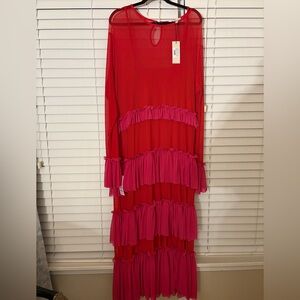 Never Fully Dressed Vibrant Red and Pink Mesh Ruffle Dress